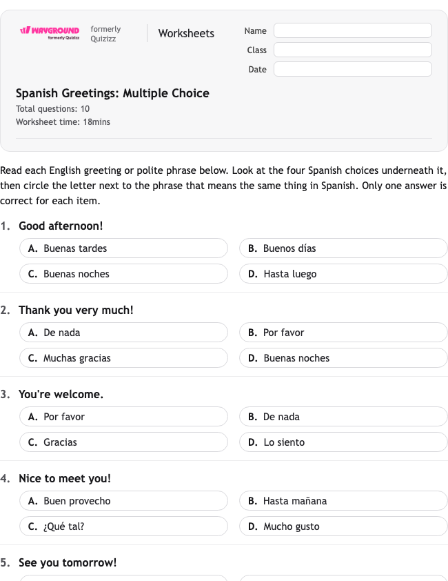 Spanish Greetings: Multiple Choice - Printable Spanyol Lembar-kerja Kelas 1 - Wayground