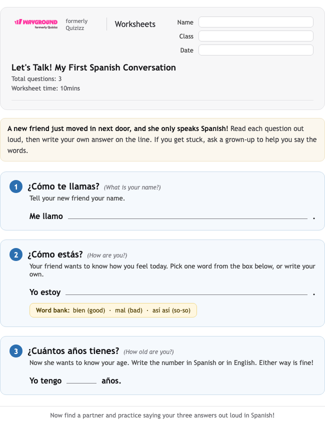 Let's Talk! My First Spanish Conversation - Printable Spanyol Lembar-kerja Kelas 1 - Wayground