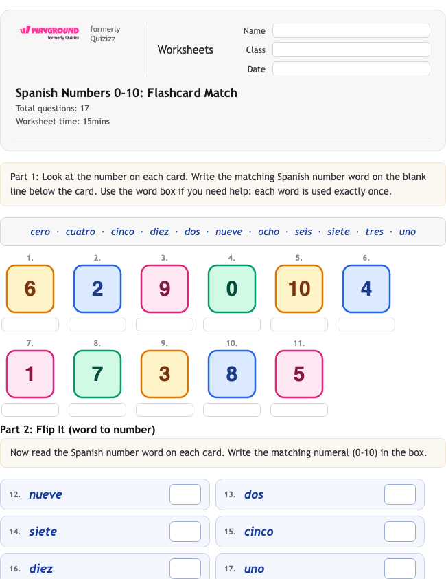 Spanish Numbers 0-10: Flashcard Match - Printable Spanyol Lembar-kerja Kelas 1 - Wayground