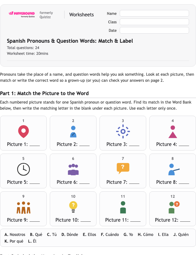 Spanish Pronouns & Question Words: Match & Label - Printable Spanyol Lembar-kerja Kelas 1 - Wayground