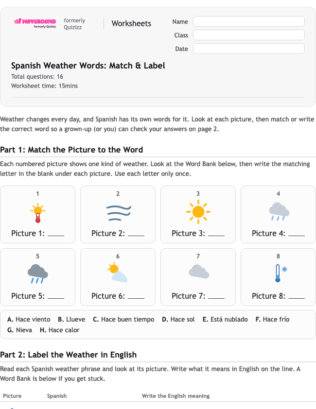 Spanish Weather Words: Match & Label - Printable Spanyol Lembar-kerja Kelas 1 - Wayground