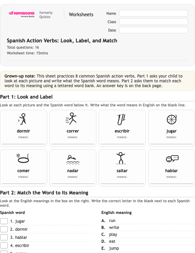 Spanish Action Verbs: Look, Label, and Match - Printable Spanyol Lembar-kerja Kelas 1 - Wayground