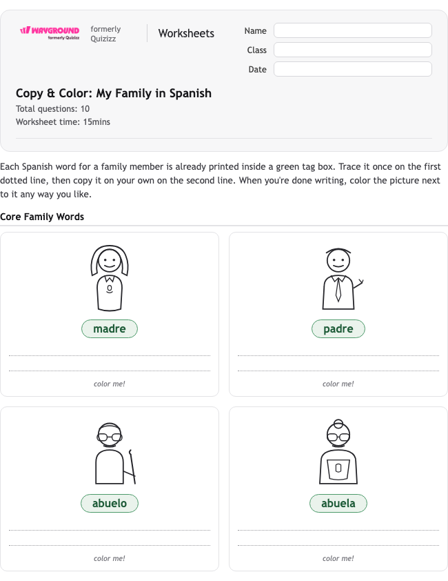Copy & Color: My Family in Spanish - Printable Spanyol Lembar-kerja Kelas 2 - Wayground
