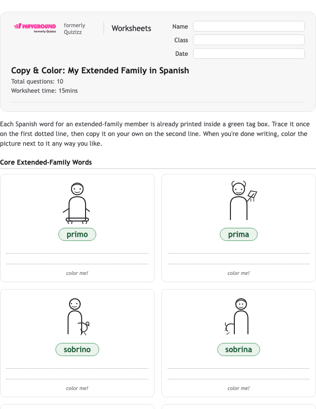 Copy & Color: My Extended Family in Spanish - Printable Spanyol Lembar-kerja Kelas 2 - Wayground