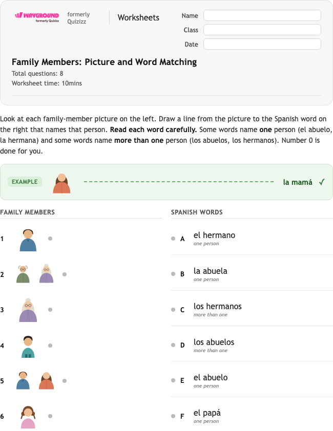 Family Members: Picture and Word Matching - Printable Spanyol Lembar-kerja Kelas 2 - Wayground