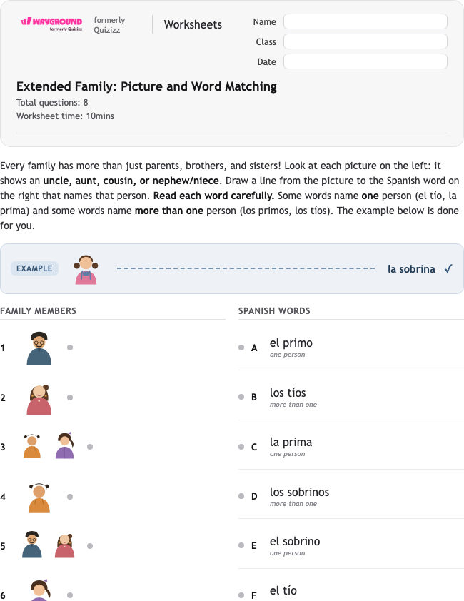 Extended Family: Picture and Word Matching - Printable Spanyol Lembar-kerja Kelas 2 - Wayground