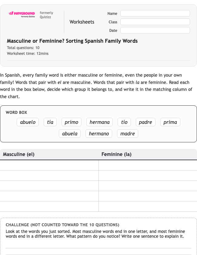 Masculine or Feminine? Sorting Spanish Family Words - Printable Spanyol Lembar-kerja Kelas 2 - Wayground