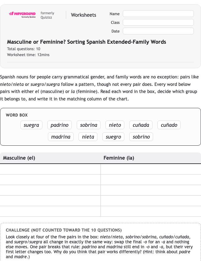 Masculine or Feminine? Sorting Spanish Extended-Family Words - Printable Spanyol Lembar-kerja Kelas 2 - Wayground