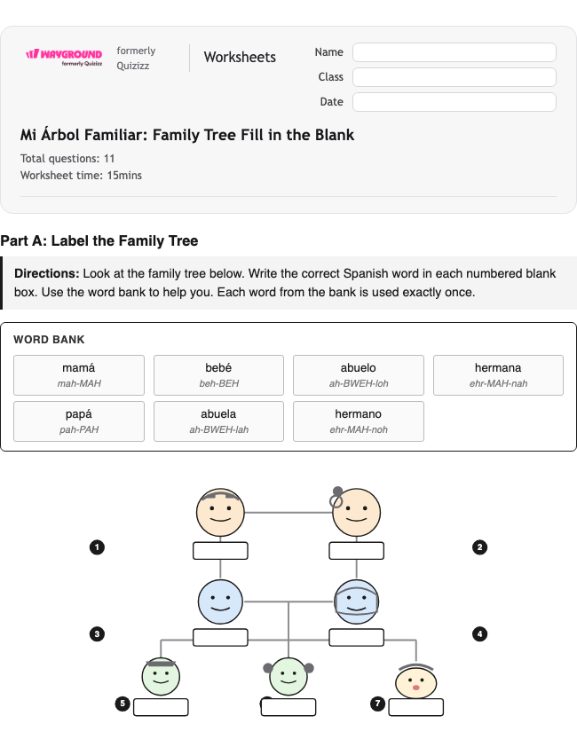 Mi Árbol Familiar: Family Tree Fill in the Blank - Printable Spanyol Lembar-kerja Kelas 2 - Wayground