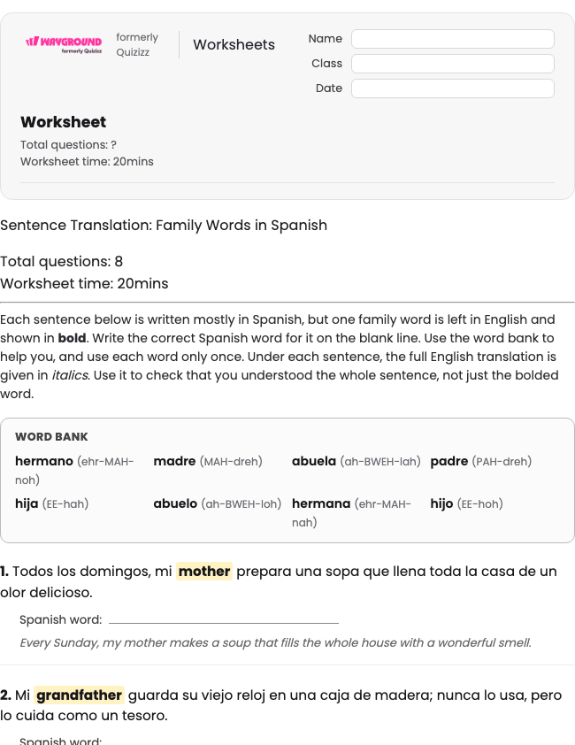 Sentence Translation: Family Words in Spanish - Printable Spanyol Lembar-kerja Kelas 2 - Wayground