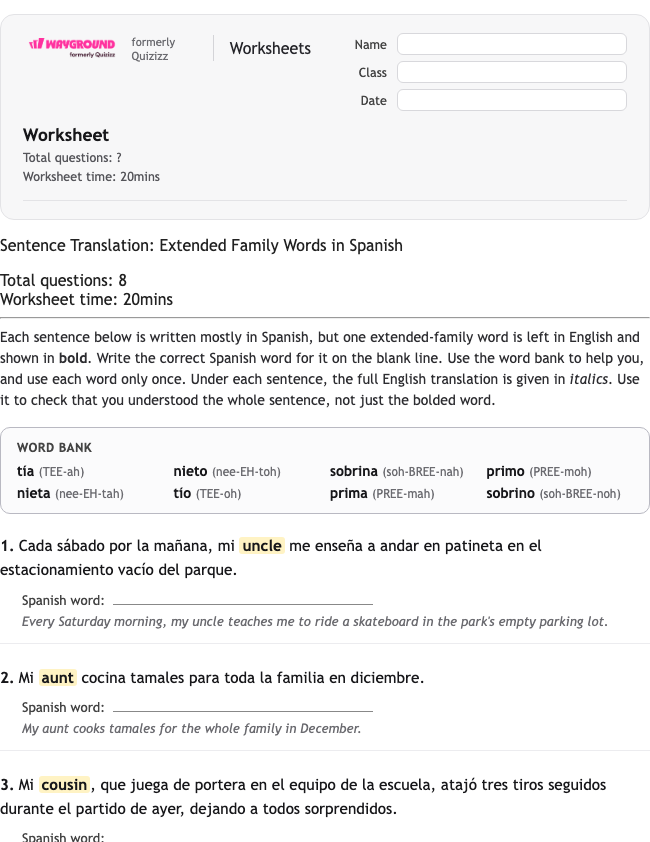 Sentence Translation: Extended Family Words in Spanish - Printable Spanyol Lembar-kerja Kelas 2 - Wayground