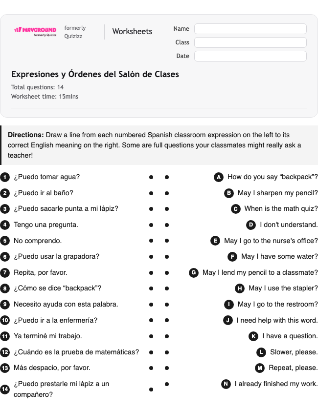 Expresiones y Órdenes del Salón de Clases - Dapat dicetak Spanyol Lembar-kerja Kelas 3 - Wayground