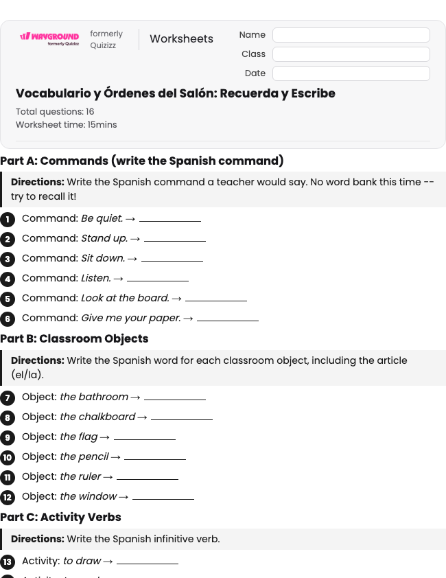 Vocabulario y Órdenes del Salón: Recuerda y Escribe - Dapat dicetak Spanyol Lembar-kerja Kelas 3 - Wayground