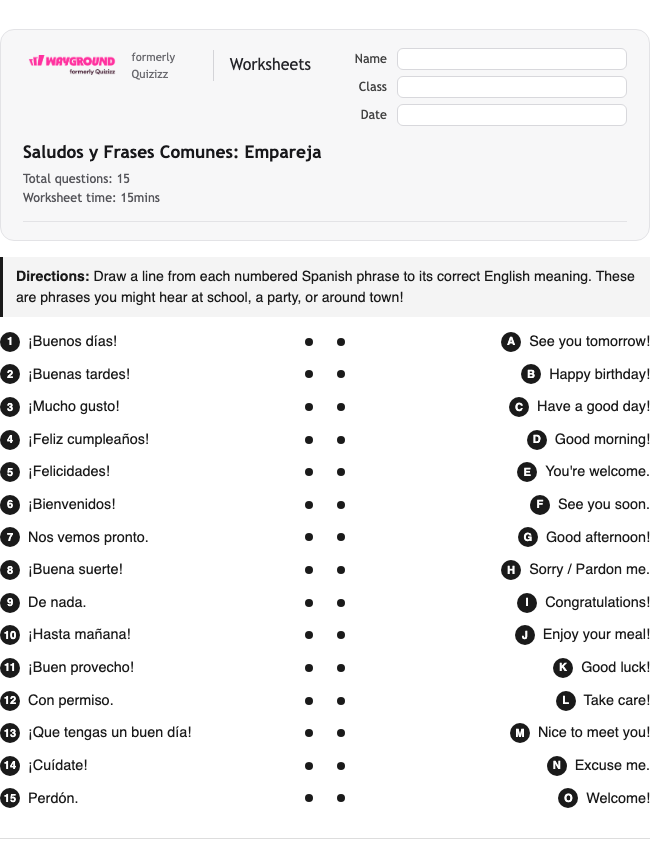 Saludos y Frases Comunes: Empareja - Dapat dicetak Spanyol Lembar-kerja Kelas 3 - Wayground