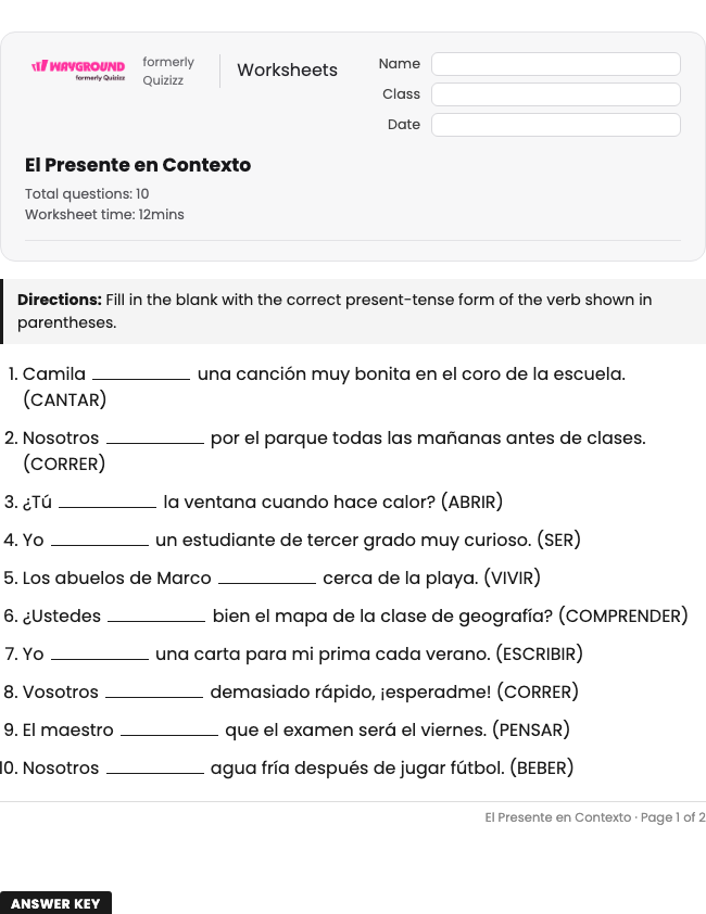 El Presente en Contexto - Dapat dicetak Spanyol Lembar-kerja Kelas 3 - Wayground