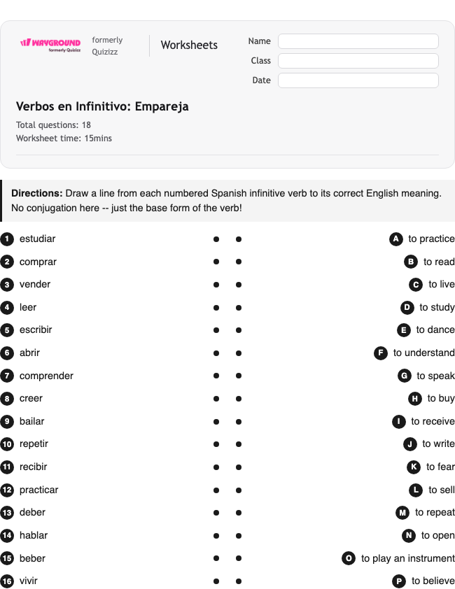 Verbos en Infinitivo: Empareja - Dapat dicetak Spanyol Lembar-kerja Kelas 3 - Wayground