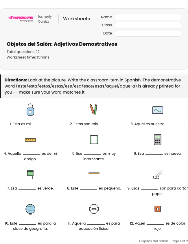 Objetos del Salón: Adjetivos Demostrativos - Dapat dicetak Spanyol Lembar-kerja Kelas 3 - Wayground