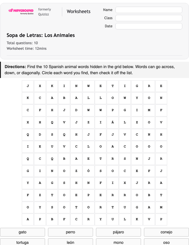 Sopa de Letras: Los Animales - Dapat dicetak Spanyol Lembar-kerja Kelas 3 - Wayground