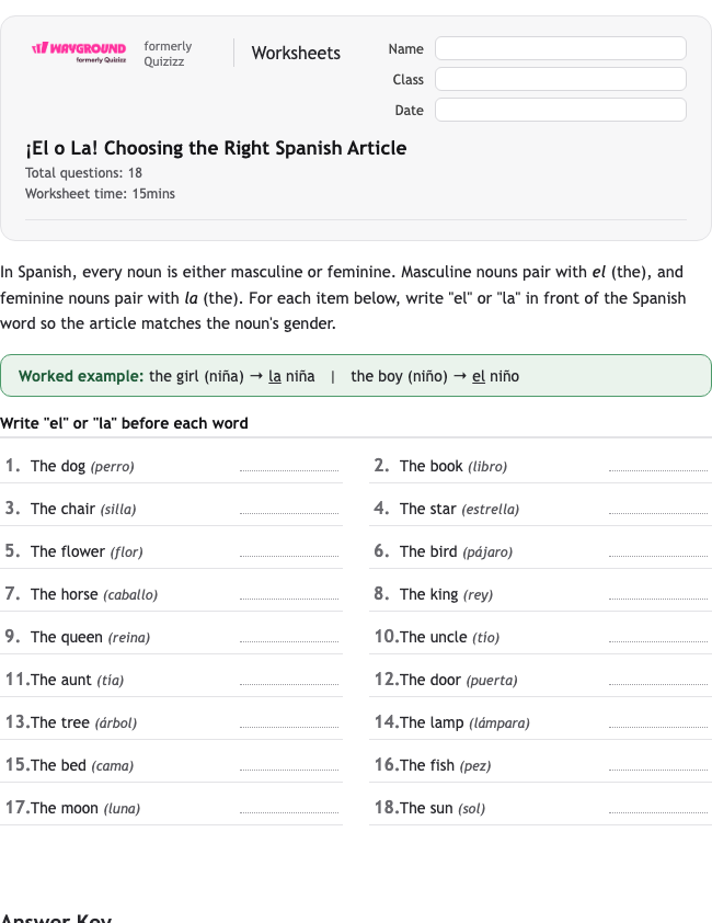¡El o La! Choosing the Right Spanish Article - Có thể in Spanyol Lembar-kerja Kelas 4 - Wayground