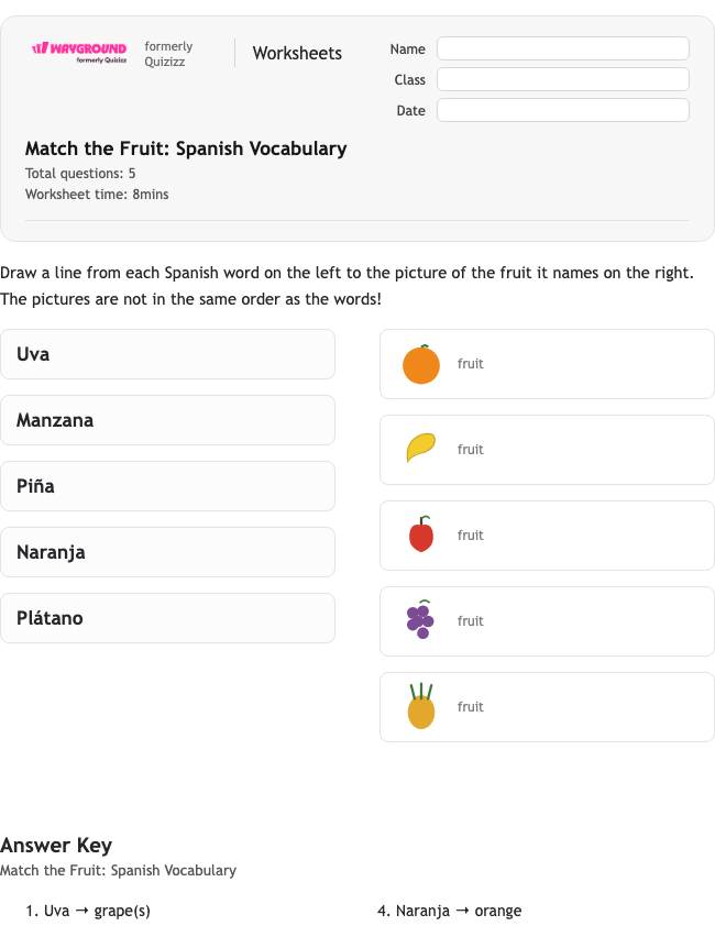 Match the Fruit: Spanish Vocabulary - Có thể in Spanyol Lembar-kerja Kelas 4 - Wayground