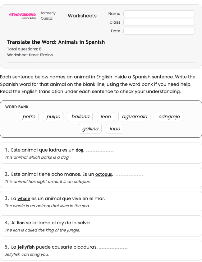 Translate the Word: Animals in Spanish - Có thể in Spanyol Lembar-kerja Kelas 4 - Wayground