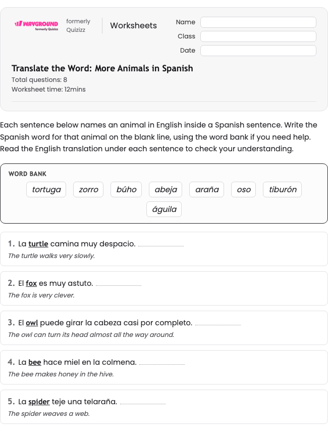 Translate the Word: More Animals in Spanish - Có thể in Spanyol Lembar-kerja Kelas 4 - Wayground