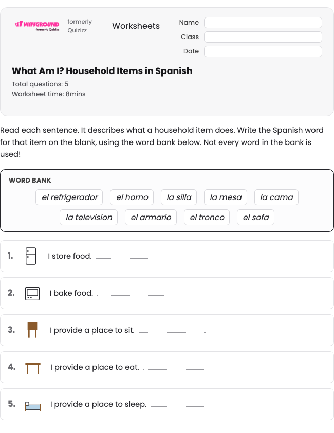 What Am I? Household Items in Spanish - Có thể in Spanyol Lembar-kerja Kelas 4 - Wayground