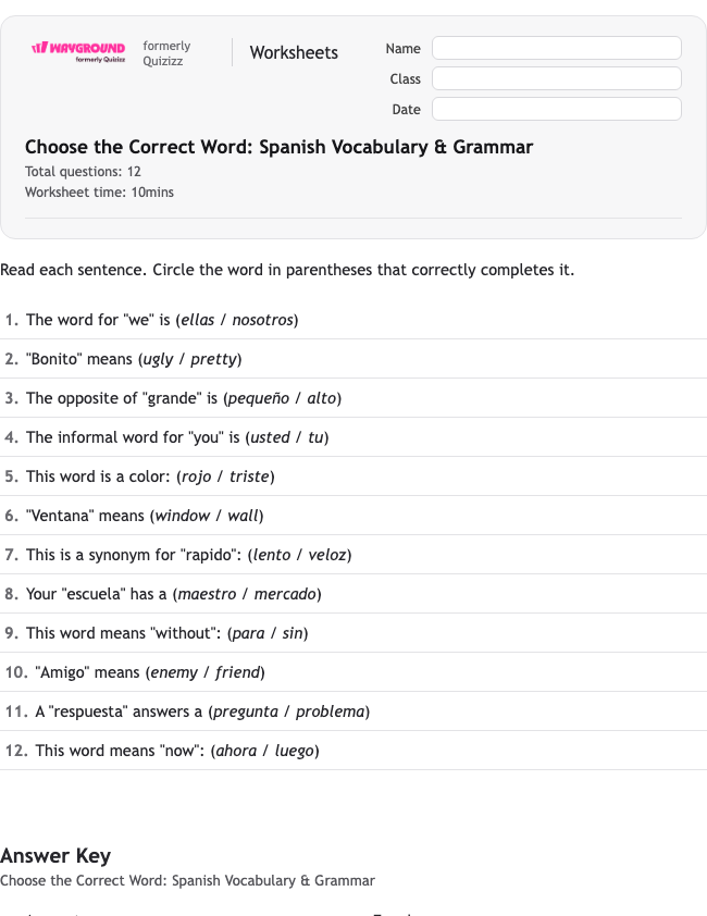 Choose the Correct Word: Spanish Vocabulary & Grammar - Có thể in Spanyol Lembar-kerja Kelas 4 - Wayground