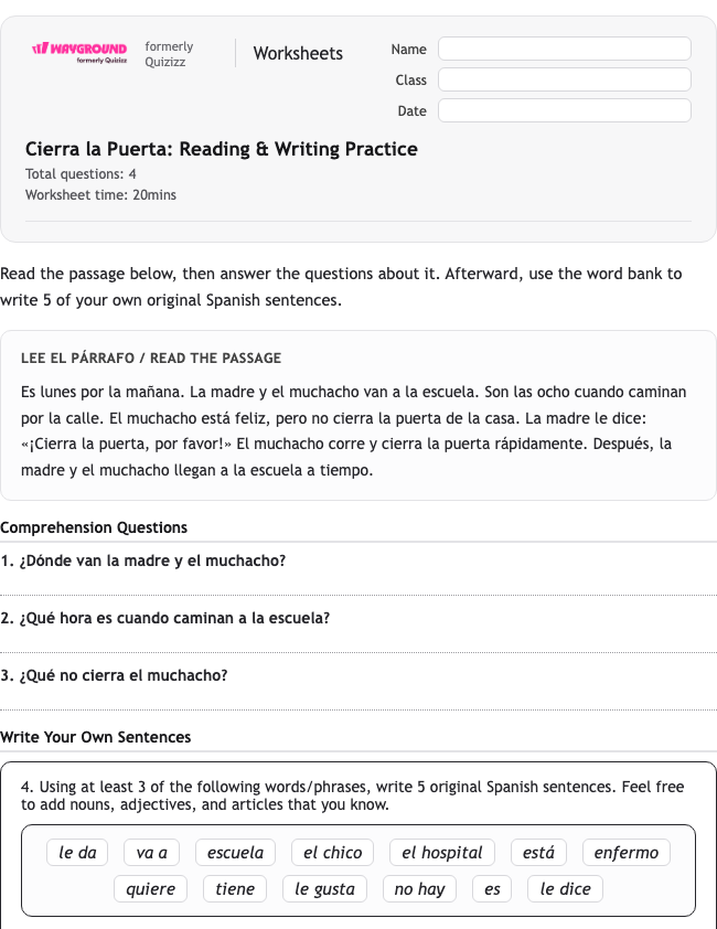 Cierra la Puerta: Reading & Writing Practice - Có thể in Spanyol Lembar-kerja Kelas 4 - Wayground