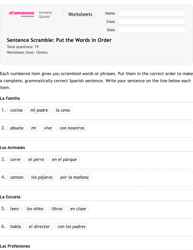 Sentence Scramble: Put the Words in Order - Có thể in Spanyol Lembar-kerja Kelas 4 - Wayground