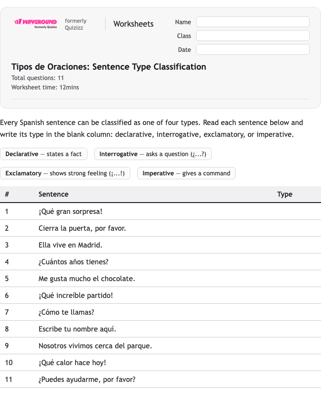 Tipos de Oraciones: Sentence Type Classification - Có thể in Spanyol Lembar-kerja Kelas 4 - Wayground