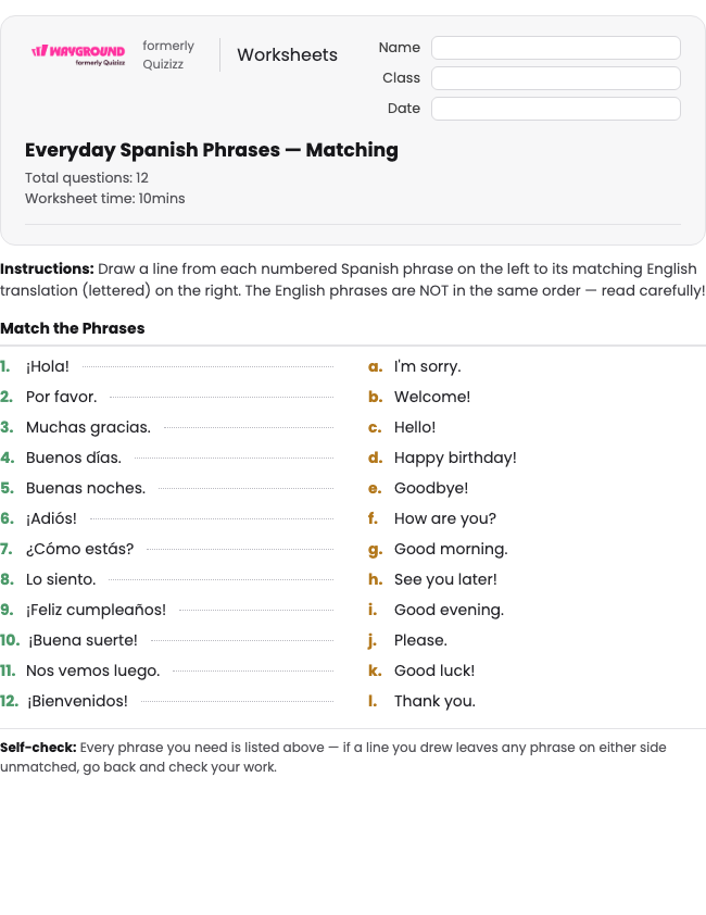 Everyday Spanish Phrases — Matching - Printable Spanyol Lembar-kerja Kelas 5 - Wayground