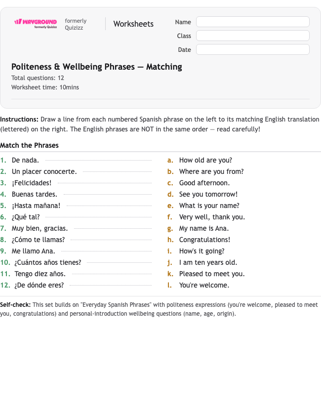 Politeness & Wellbeing Phrases — Matching - Printable Spanyol Lembar-kerja Kelas 5 - Wayground