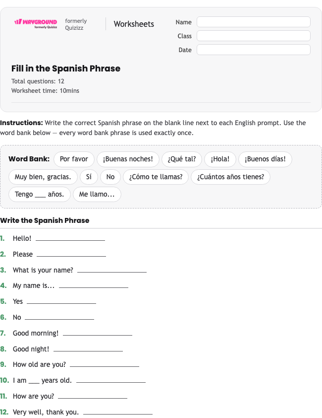 Fill in the Spanish Phrase - Printable Spanyol Lembar-kerja Kelas 5 - Wayground