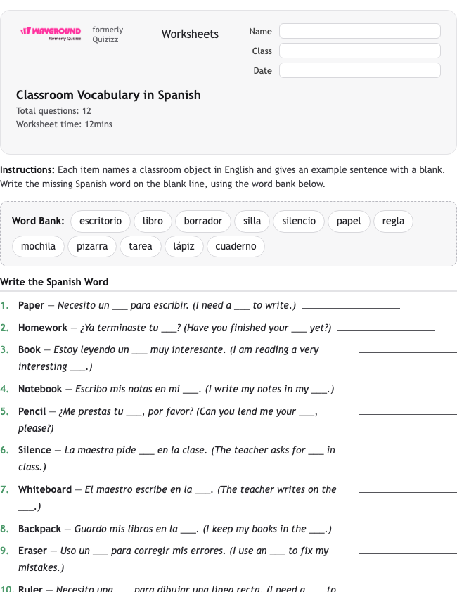 Classroom Vocabulary in Spanish - Printable Spanyol Lembar-kerja Kelas 5 - Wayground