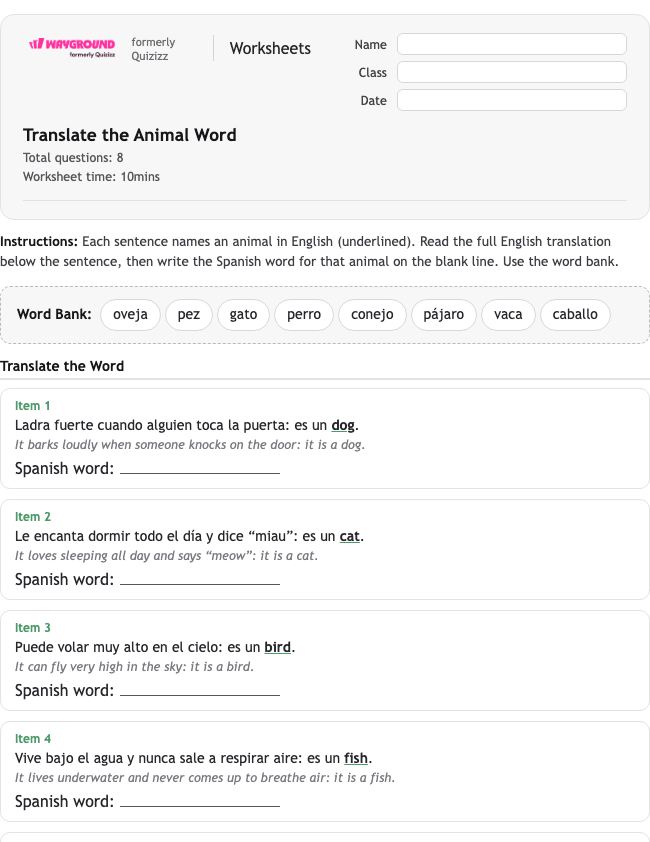 Translate the Animal Word - Printable Spanyol Lembar-kerja Kelas 5 - Wayground