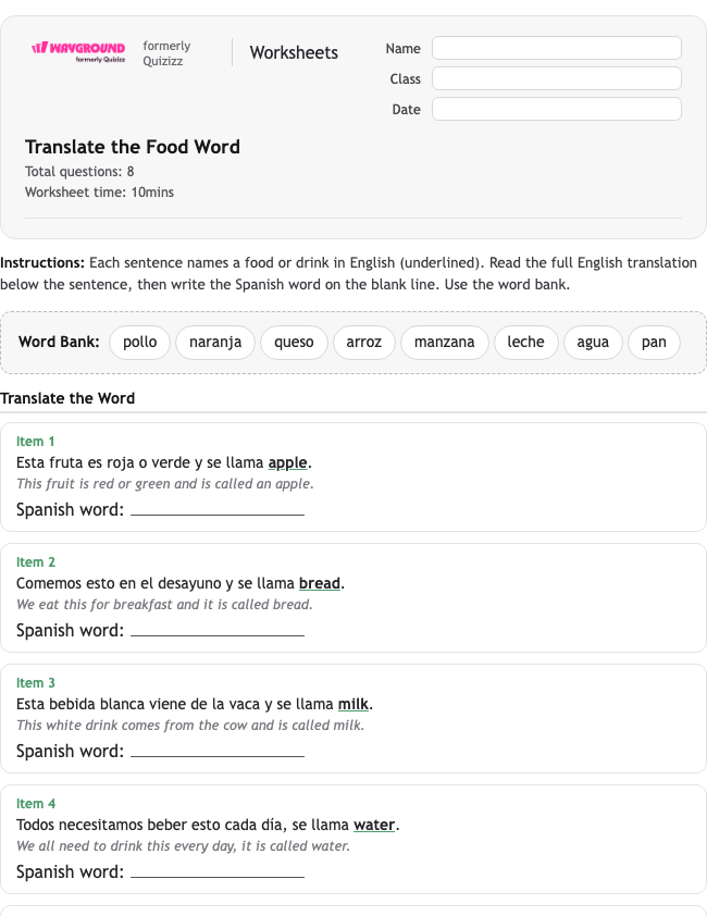 Translate the Food Word - Printable Spanyol Lembar-kerja Kelas 5 - Wayground