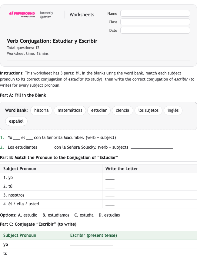 Verb Conjugation: Estudiar y Escribir - Printable Spanyol Lembar-kerja Kelas 5 - Wayground