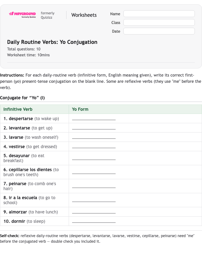 Daily Routine Verbs: Yo Conjugation - Printable Spanyol Lembar-kerja Kelas 5 - Wayground