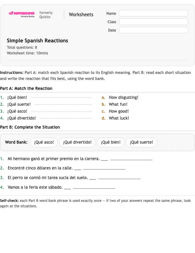 Simple Spanish Reactions - Printable Spanyol Lembar-kerja Kelas 5 - Wayground