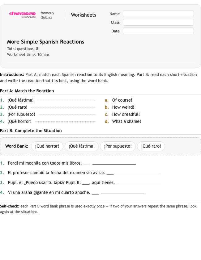 More Simple Spanish Reactions - Printable Spanyol Lembar-kerja Kelas 5 - Wayground