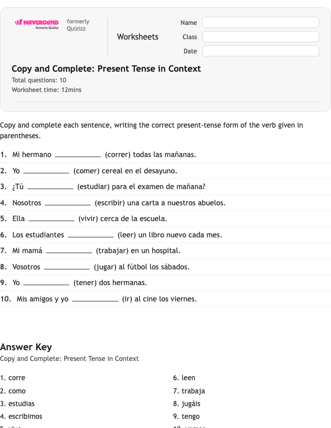 Copy and Complete: Present Tense in Context - Dapat dicetak Spanyol Lembar-kerja Kelas 6 - Wayground