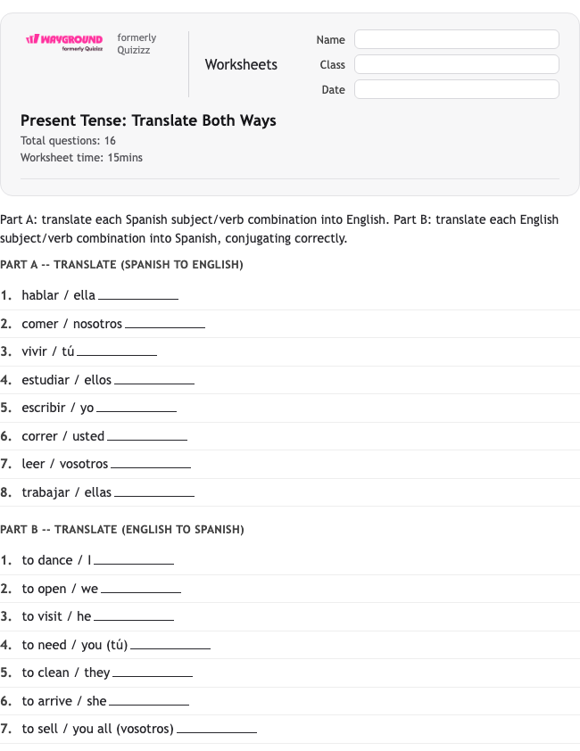 Present Tense: Translate Both Ways - Dapat dicetak Spanyol Lembar-kerja Kelas 6 - Wayground