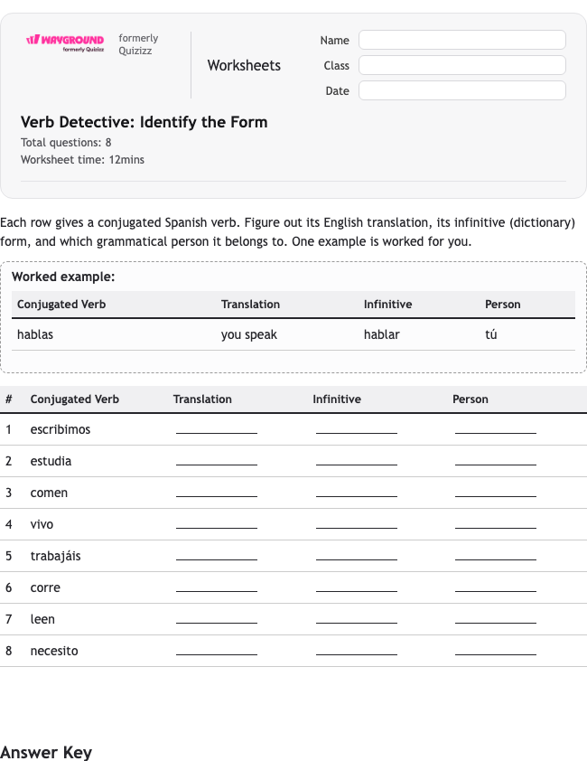 Verb Detective: Identify the Form - Dapat dicetak Spanyol Lembar-kerja Kelas 6 - Wayground