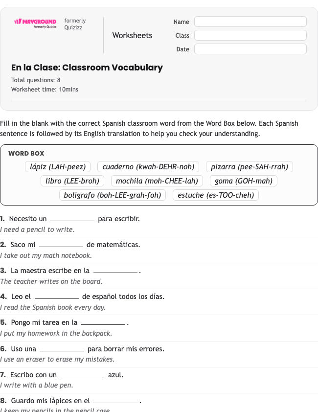 En la Clase: Classroom Vocabulary - Dapat dicetak Spanyol Lembar-kerja Kelas 6 - Wayground