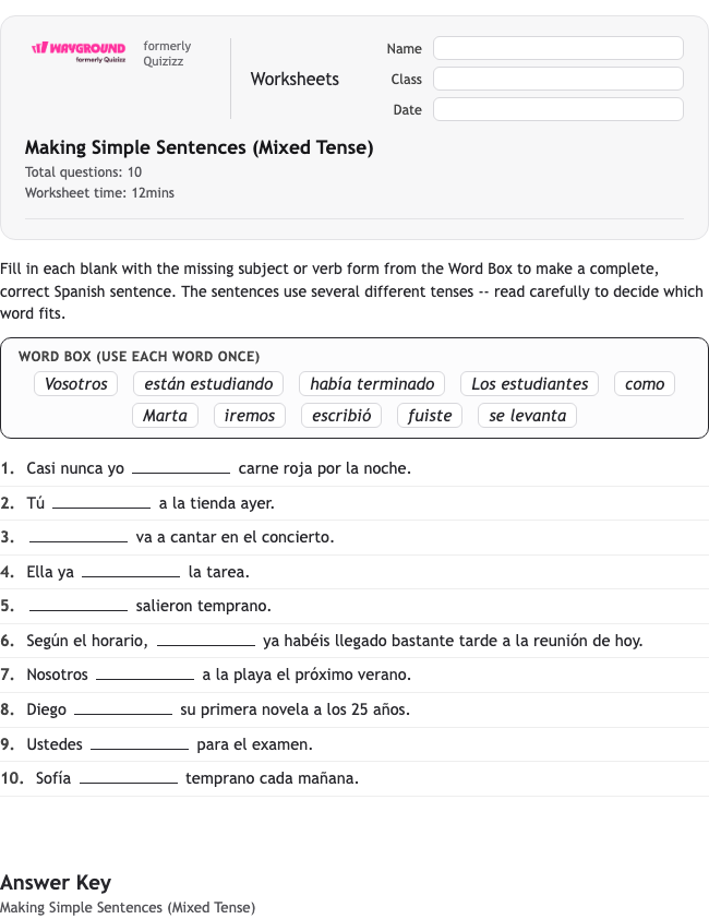 Making Simple Sentences (Mixed Tense) - Dapat dicetak Spanyol Lembar-kerja Kelas 6 - Wayground