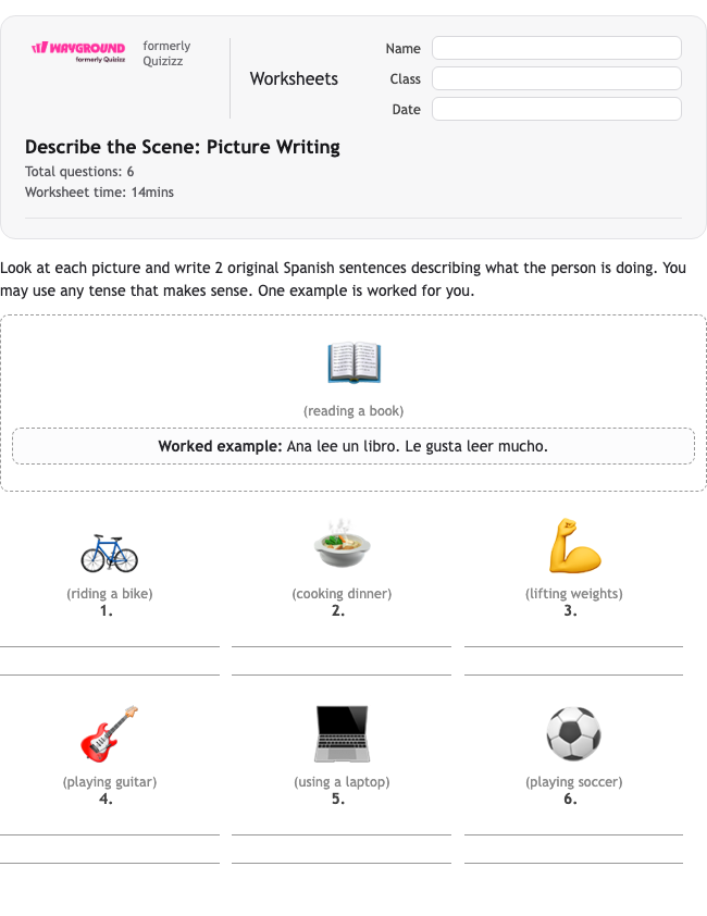 Describe the Scene: Picture Writing - Dapat dicetak Spanyol Lembar-kerja Kelas 6 - Wayground