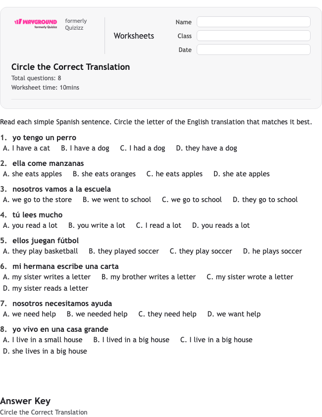 Circle the Correct Translation - Dapat dicetak Spanyol Lembar-kerja Kelas 6 - Wayground