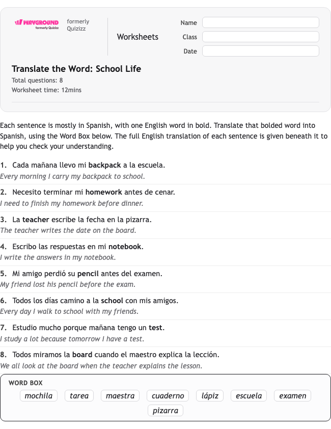 Translate the Word: School Life - Dapat dicetak Spanyol Lembar-kerja Kelas 6 - Wayground