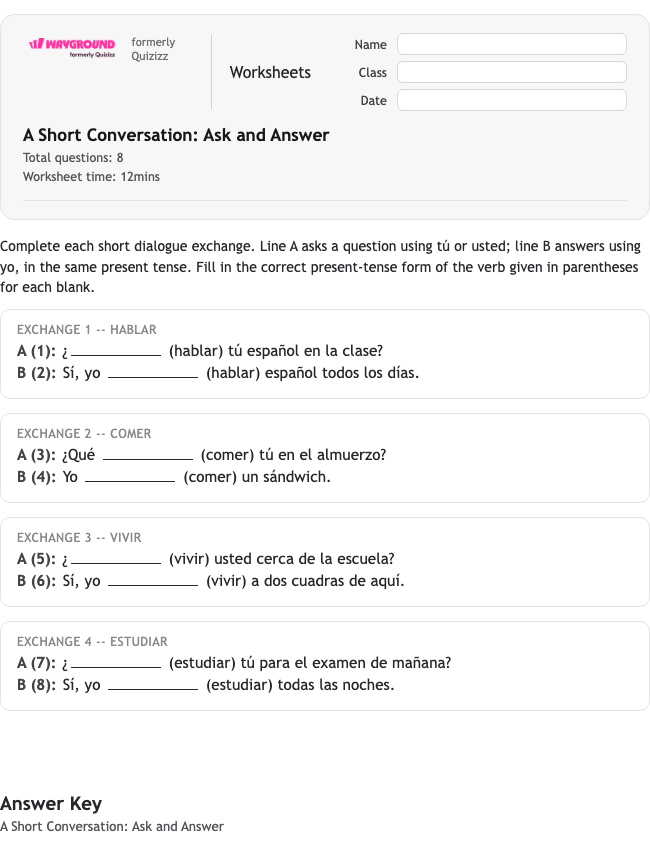 A Short Conversation: Ask and Answer - Dapat dicetak Spanyol Lembar-kerja Kelas 6 - Wayground